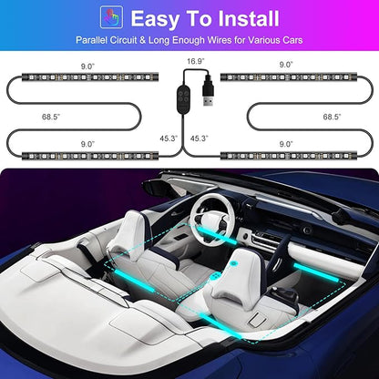 Hovano Car Interior LED Lights, APP Control with USB Port, RGB Color Change with Music Sync & DIY Mode, 48 LEDs Lights for Under Dash Running Board Truck