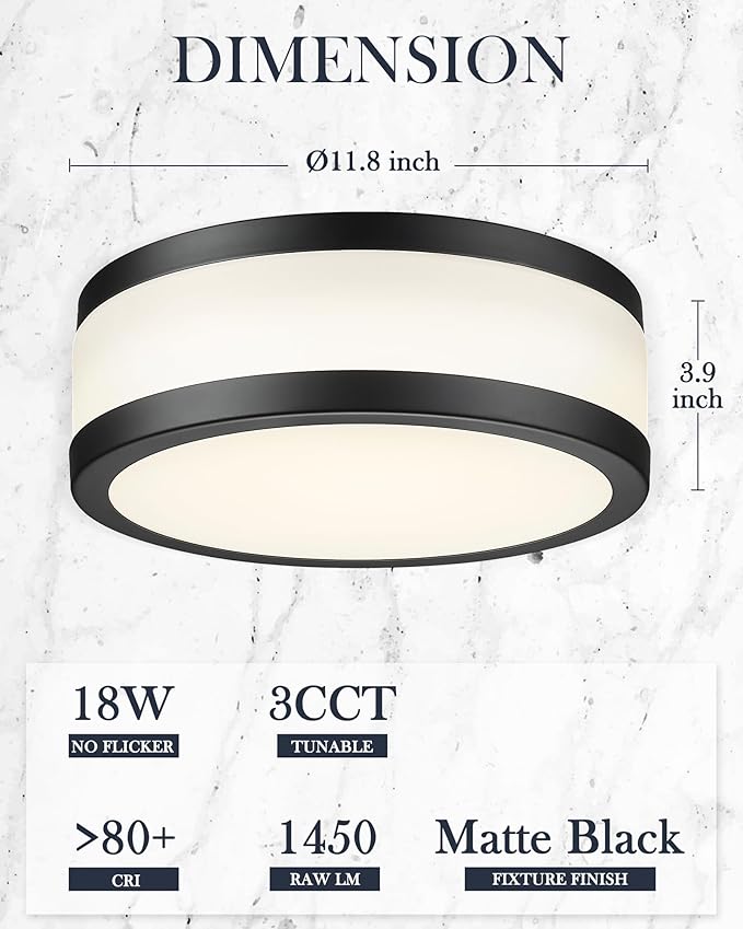 LMS 12 Inch Black LED Flush Mount Ceiling Light, Modern 18W Dimmable Semi Flush Mount Round Ceiling Light for Bedroom, Kitchen, Hallway, Bathroom, 5CCT, LMS-054CL-BKS