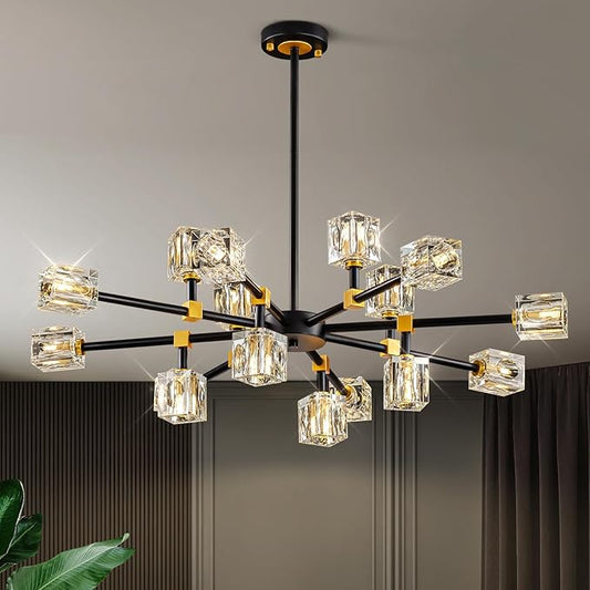 Sputnik Chandeliers with16-Light,Modern Black and Gold Crystal Chandelier, Mid Century Ceiling Light Fixture for Dining Room, Kitchen Island,Foyer,Living Room,Bedroom