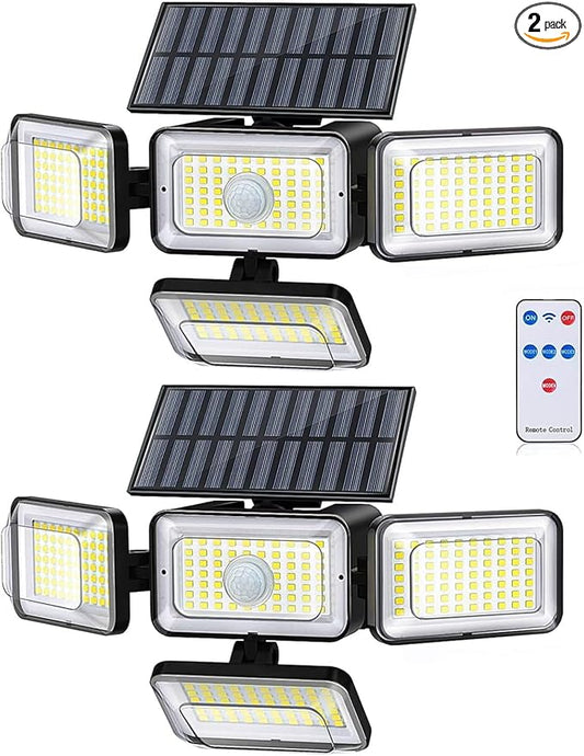 Solar Outdoor Lights, IP65 Waterproof Motion Sensor Outdoor Lights with Remote Control, 4 Heads Solar Flood Wall Lights for Outside Yard Pack of 2