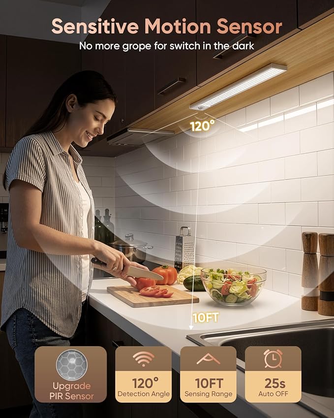 12inch Under Cabinet Lighting, 152LED Motion Sensor Light Indoor, USB Rechargeable Closet Lights, 3 Color Temps, Dimmable, Wireless Under Counter Lights for Kitchen, Stairs, Pantry, 2 Pack