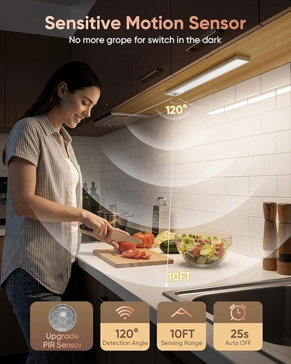 12inch Under Cabinet Lighting, 152LED Motion Sensor Light Indoor, USB Rechargeable Closet Lights, 3 Color Temps, Dimmable, Wireless Under Counter Lights for Kitchen, Stairs, Pantry, 4 Pack