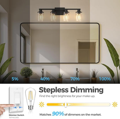 DORESshop Bathroom Light Fixtures, 4-Light Black Bathroom Lighting Fixtures Over Mirror with Glass Shade, Modern Vanity Lights for Hallway Bedroom, Includes Bulbs