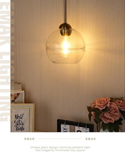 Emak 8 Inch Globe Pendant Lights Kitchen Island, Brushed Gold Pendant Light Fixtures with Clear Glass Shade, Modern Island Lights for Kitchen, Dining Room, Bathroom, PL121-BGD-AG