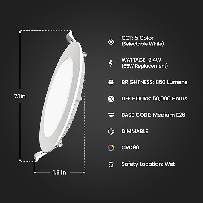 Feit Electric 6" Canless LED Recessed Downlight, 65-Watt Eq., Dimmable, Rechargeable Motion-Activated Night Light, Adjustable White, Low-Profile Design for Indoor/Outdoor Use, LEDR6XT/MOBAT/6WYCA