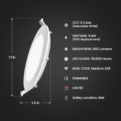 Feit Electric 6" Canless LED Recessed Downlight, 65-Watt Eq., Dimmable, Rechargeable Motion-Activated Night Light, Adjustable White, Low-Profile Design for Indoor/Outdoor Use, LEDR6XT/MOBAT/6WYCA
