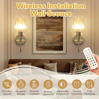 Battery Operated Wall Sconces Set of 2 – 5200mAh Rechargeable Crystal Glass, 15 Colors & 10-Level Dimmable, Wireless Wall Lights for Living Room & Bedroom,Sliver