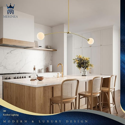 Mid Century Chandelier L45” Modern Gold Sputnik Light Fixture 2 Lights Milk Glass Globe Ceiling Pendant Lighting Contemporary for Kitchen Island Dining Room Home Office Bar