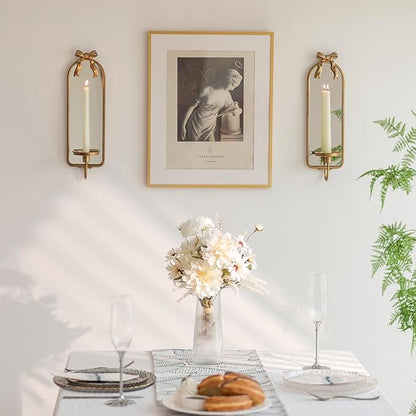 Gold Candle Sconces Wall Decor: Modern Decorative Wall Candle Holder Set of Two for Bedroom - Vintage French Metal Bow Mirror Sconces Beside Fireplace TV