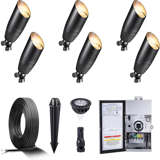 Gardenreet Black Brass Low Voltage Landscape Spotlights(6-Pack) Kit 12V LED with Low Voltage Transformer 150W & Mechanical Timer & 100FT Wire & 30Pack Connectors for Outdoor House Garden Patio