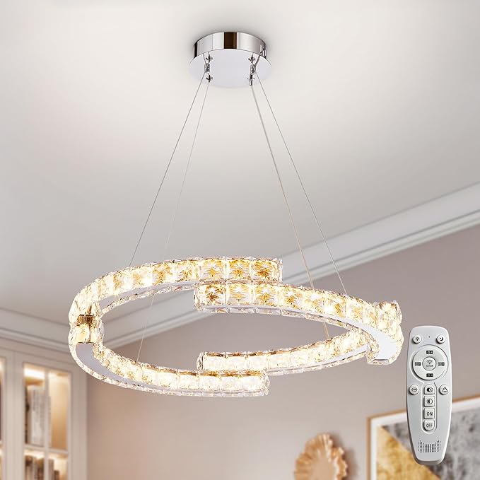 Depuley Modern LED Crystal Chandeliers: 23.6" Curved Ring Chandelier Hanging Crystal Ceiling Light Fixture - 42W Adjustable Height Pendant Light for Living Room Dining Room Bedroom Foyer