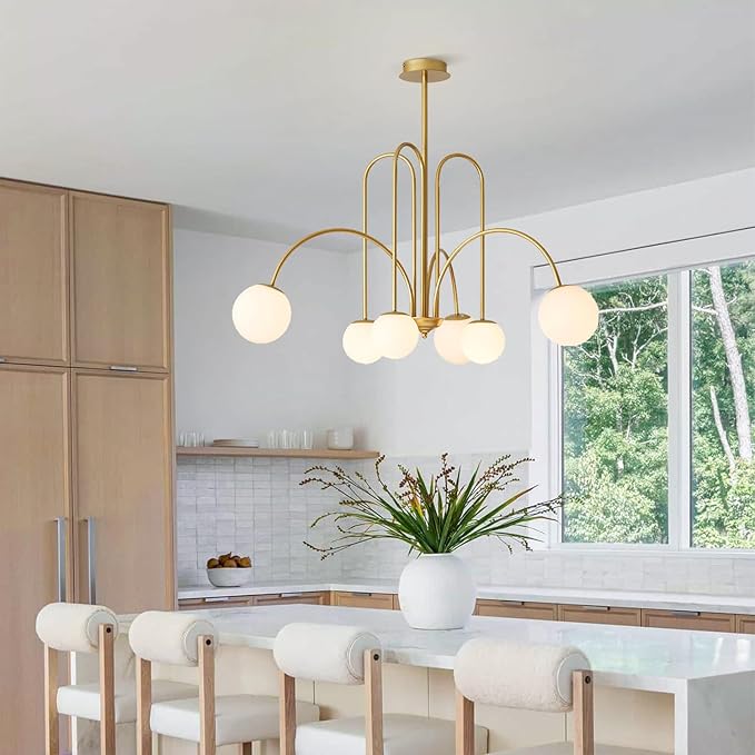 Mid Century Modern Brass Sputnik Chandelier 6-Lights Milk Glass Globe Pendant Light Fixture Nordic Gold and White Chandelier Ceiling Light for Kitchen Island Dining Room
