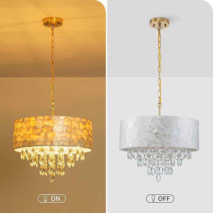 4-Light Drum Capiz Shell K9 Crystal Chandelier, Coastal Style Pendant Light Fixture for Dining Room, Living Room, D17.7 x H21~68 inch (Adjustable), Clear Crystal & Brass Finish