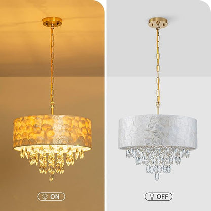 4-Light Drum Capiz Shell K9 Crystal Chandelier, Coastal Style Pendant Light Fixture for Dining Room, Living Room, D17.7 x H21~68 inch (Adjustable), Clear Crystal & Brass Finish