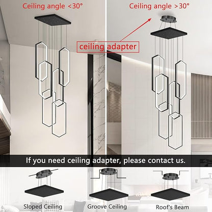 6 Rings Modern Chandelier LED Dimmable Pendant Lighting Adjust Flush Mount Ceiling Light for Foyer Lobby Living Room Staircaes Black