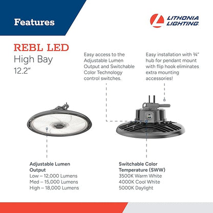 Lithonia Lighting REBL Round High Bay LED Light, 12,000/15,000/18,000 Adjustable Lumen Output, 3500K/4000K/5000K Switchable White Color Temperature, Work Light, UVOLT 120-347V, 12.2" x 7.5", Bronze
