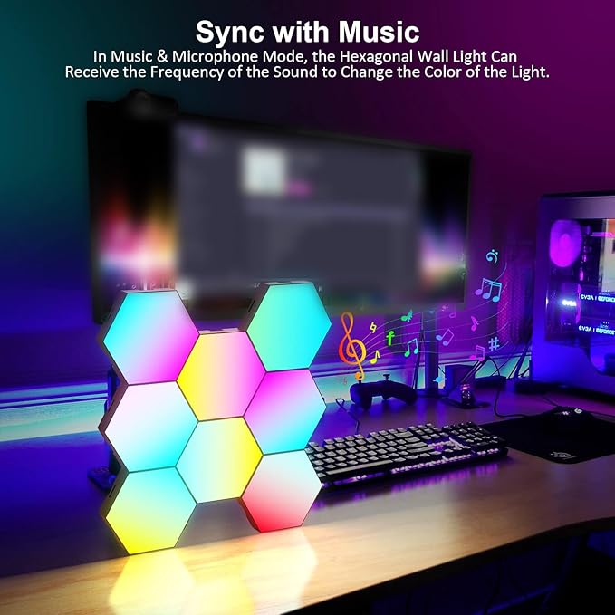 Vcwtty Music Sync Hexagon Lights, Smart LED Wall Lights 10 Pack, 13 Colors Modular Assembled RGB Wall Panels, Hex Light with USB-Power for Autism, Game Room Decor, Party(10 Pack)