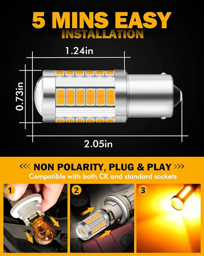 Auxbeam 1156 Turn Signal Bulbs, Super Bright Amber Yellow P21W BA15S Bulbs for Turn Signal Light, 12V-3030 SMD Chipsets Bulb with Projector, Pack of 2 (May Need Resistors)