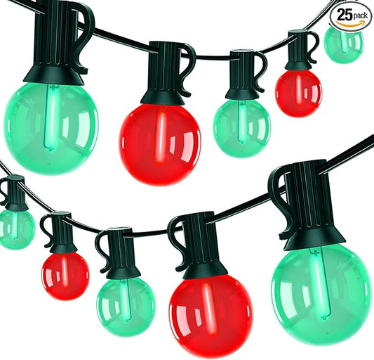 50Ft Red and Green Christmas Lights Outdoor, G40 Globe Patio String Lights with 27 LED Red and Green LED Bulbs(2 Spare), Vintage Outdoor String Lights for Outside Camping RV Canopy Porch Xmas Decor