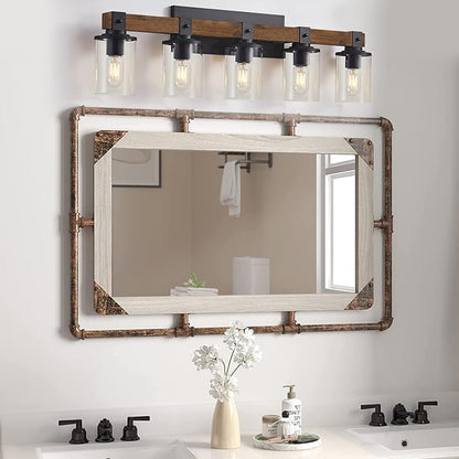 DUJAHMLAND Farmhouse Vanity Lights, 5-Light Wood Bathroom Wall Lighting with Clear Glass, Industrial Metal Wall Sconce for Bedroom, Kitchen, Hallway (Antique Wood, 5-Light)