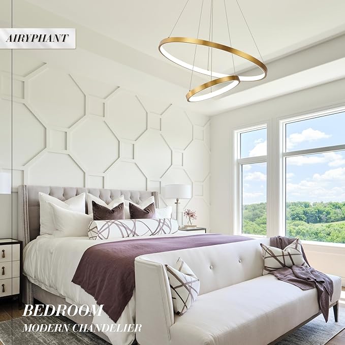 Gold LED Ring Chandeliers Modern 2-Ring Chandelier Dimmable Flush Mount Pendant Light Fixture Remote Control Contemporary Pendant Chandelier for Dining Room Bedroom Foyer (23.6"+11.8")
