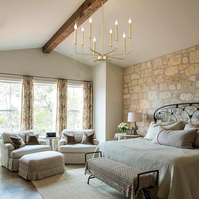 WOKNOS Modern Gold Farmhouse Chandeliers, 8-Light Industrial Metal Chandelier Lighting, Classic Candle Hanging Pendant Light Fixtures for Kitchen Bedroom, Dining Room, Living Room,Foyer