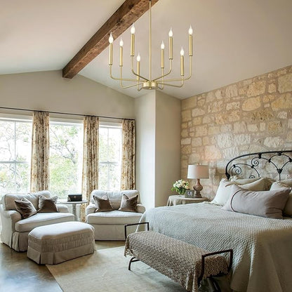 WOKNOS Modern Gold Farmhouse Chandeliers, 8-Light Industrial Metal Chandelier Lighting, Classic Candle Hanging Pendant Light Fixtures for Kitchen Bedroom, Dining Room, Living Room,Foyer