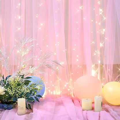 10ft×15ft Pink Tulle Backdrop Curtains with Lights String for Parites Pink Sheer Backdrop Curtains for Baby Shower Girls Birthday Party Wedding Bridal Shower Photo Shoot Background 2 Panels 5×15ft