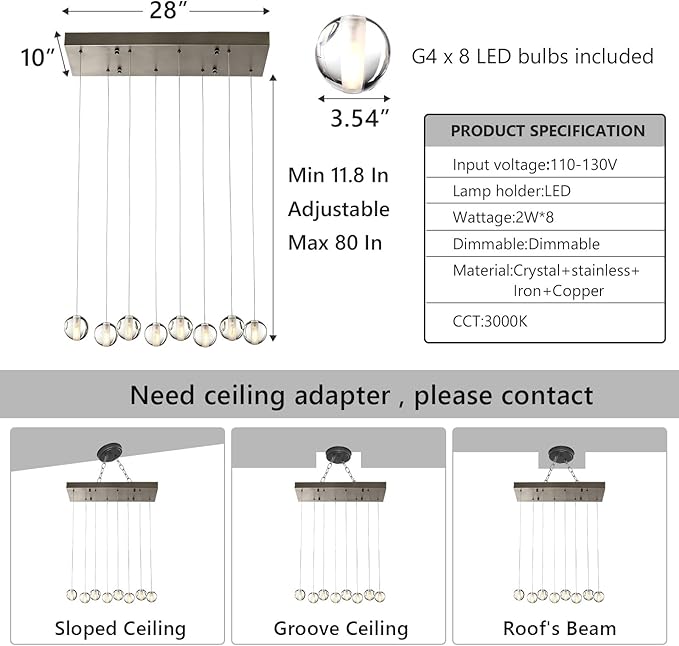 8 Lights Nickel Raindrop Rectangle Chandelier, Modern Bubble Crystal Chandelier for Dining Room, Large Pendant Light for High Ceilings Staircase Foyer Entryway Living Room Kitchen Island