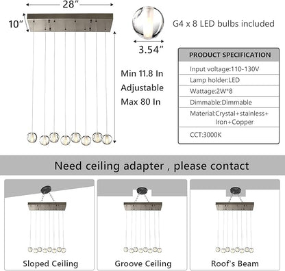8 Lights Nickel Raindrop Rectangle Chandelier, Modern Bubble Crystal Chandelier for Dining Room, Large Pendant Light for High Ceilings Staircase Foyer Entryway Living Room Kitchen Island