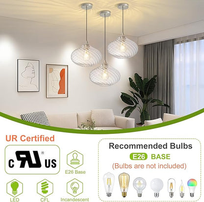 Glass Pendant Lights Kitchen Island, 11'' Brushed Nickel Pendant Lighting Fixtures, Modern Hanging Ceiling Light With Striped Clear Glass Shade for Farmhouse Dining Room Bedroom Hallway(1 Pack)