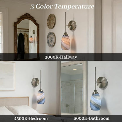 Brushed Nickel Wireless Battery Operated Wall Sconces Set of 2, Rechargeable Wall Light with Touch & Remote Control, Dimmable 3000K–6000K, Hand-Blown Glass Shade for Bedroom Living Room