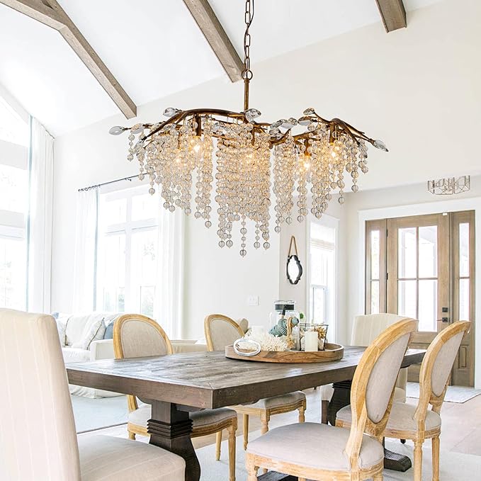 Vezzio Tree Branch Chandelier for Dining Room, 8-Light Bronze Farmhouse Crystal Light Fixture, 35" Adjustable Rustic Pendant Light for Kitchen Island Living Room Entryway Foyer