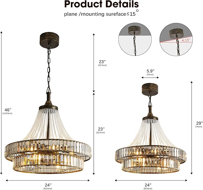 24“ Retro Crystal Chandelier Ceiling Fan with Lights, Remote & App Control, 6-Speed Reversible Large Fandelier, Double Layer Design for Bedroom, Living Room (Black Gold)