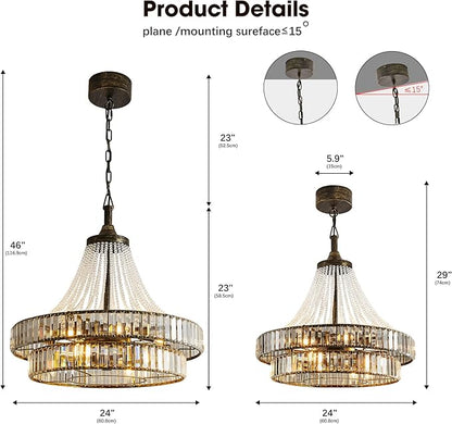 24“ Retro Crystal Chandelier Ceiling Fan with Lights, Remote & App Control, 6-Speed Reversible Large Fandelier, Double Layer Design for Bedroom, Living Room (Black Gold)