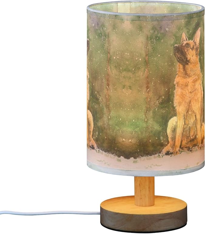 Table Lamp German Shepherd Dog Snowflake Nightstand Lamp with Wood Base Fabric Lamp Shade Bedside Desk Lamp for Living Room Bedroom Kids Room Office