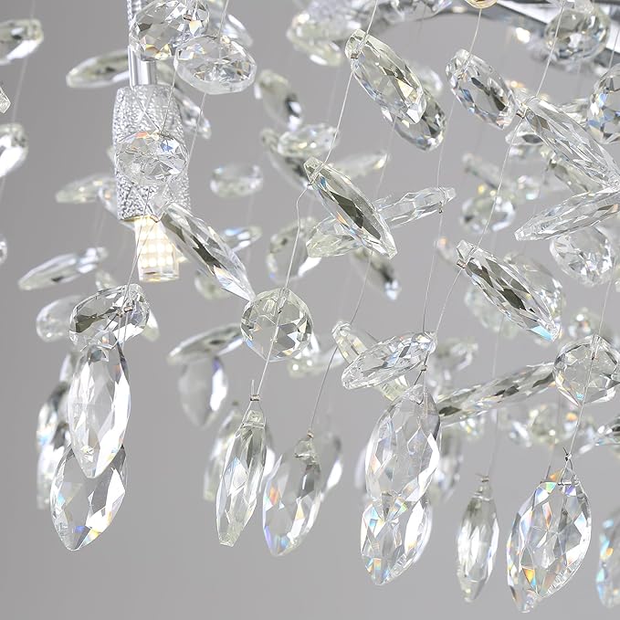 Modern Crystal Tree Branches Chandelier, 47.5in Silver 14 Lights Large Ceiling Hanging Light for Dining Room, Rectangle Raindrop Pendant Light Fixture