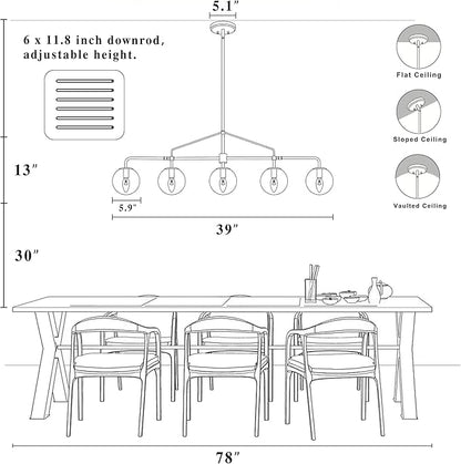 Linear Chandelier for Dining Room 39 Inch Kitchen Island Chandelier Black and Gold Modern 5 Lights Seeded Glass Globe Linear Pendant Light for Farmhouse, Living Room