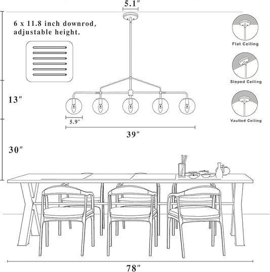 Linear Chandelier for Dining Room 39 Inch Kitchen Island Chandelier Black and Gold Modern 5 Lights Seeded Glass Globe Linear Pendant Light for Farmhouse, Living Room