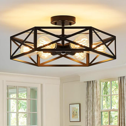 Modern Farmhouse Semi Flush Mount Ceiling Light,Industrial Black Ceiling Lighting Fixture,Hexagonal Close to Ceiling Lights for Kitchen,Living,Dining Room,Bedroom,Foyer,Laundry Room,19.7 Inch