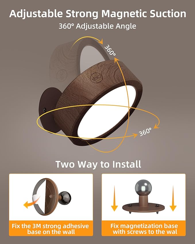 EZVALO LED Wall Mounted Light, 3000mAh Rechargeable Cordless Wall Sconce, Dimmable with Remote & Touch Control, 3 Color Temps, 360° Rotatable for Bedroom, Bedside, Reading(Walnut, 2Pack)