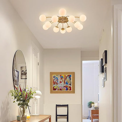 Longree 12-Light Gold and White Sputnik Chandelier Flush Mount Ceiling Lights with Blossom Accent, Mid Century Opal Glass Bubble Starburst Light Fixture for Dining Living Entry Room