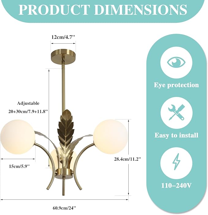 BOKT 3 White Globe Dining Room Light Fixtures Over Table Gold Brass Milk Glass Semi Flush Mount Ceiling Lights Mid Century Modern Sputnik Chandelier for Entryway Farmhouse Kitchen