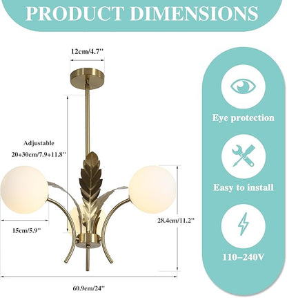 BOKT 3 White Globe Dining Room Light Fixtures Over Table Gold Brass Milk Glass Semi Flush Mount Ceiling Lights Mid Century Modern Sputnik Chandelier for Entryway Farmhouse Kitchen