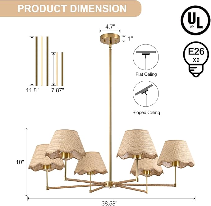 39" Boho Rattan Chandelier, 6-Lights Rustic Industrial Pendant Light Fixtures with White Woven Shade, Adjustable Height Farmhouse Large Pendant Lighting for Kitchen Dining Living Room, E26