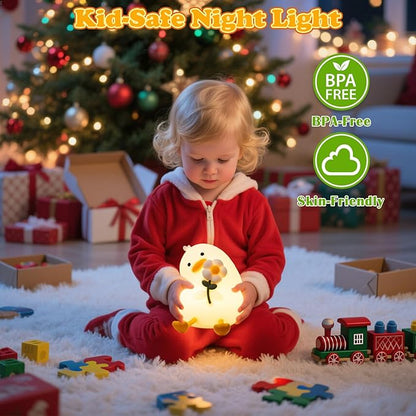 Animal Night Light for Kids, Cute Duck Night Light with Timer, Dimmable Silicone Lamp with 3 Brightness Levels, Rechargeable Nightlight, LED Squishy Bedside Lamp for Boys Girls Toddler (Flower Duck)