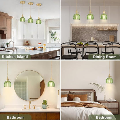 Mini Pendant Lights Kitchen Island 2 Pack, Small Adjustable Pendant Light Fixture with Green Tulip Glass Lampshade, Vintage Gold Pendant Lighting, Pendant Light for Bedroom Dining Room Hallway