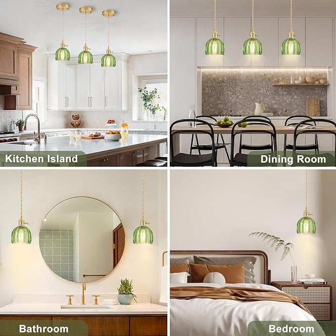 Mini Pendant Lights Kitchen Island, Small Adjustable Pendant Light Fixture with Green Tulip Glass Lampshade, Vintage Gold Pendant Lighting, Pendant Light for Bedroom Dining Room Hallway