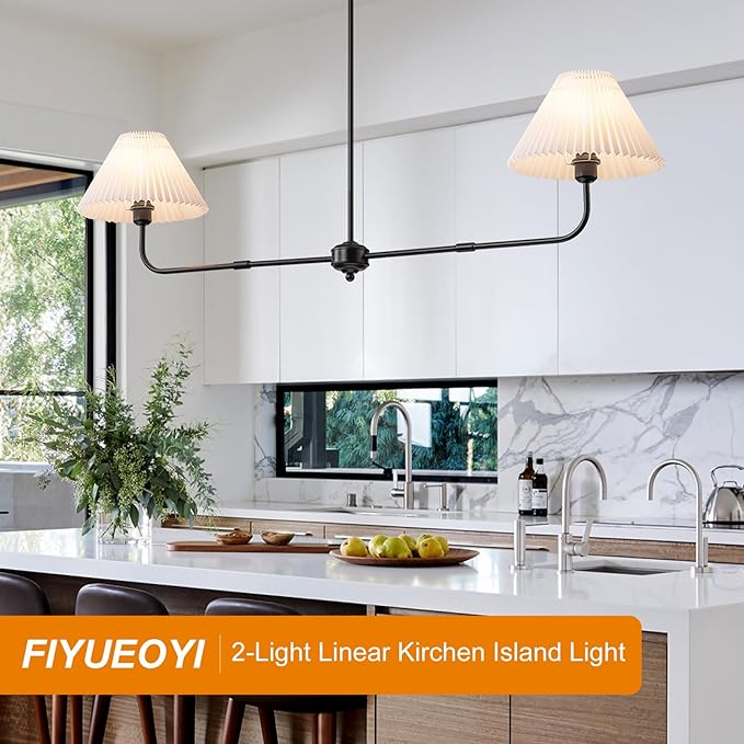 Modern Chandelier, 2-Light Linear Dining Room Light Fixture with White Fabric & ABS Shade Kitchen Island Lighting Fixture for Over Table, Living Room, Bedroom