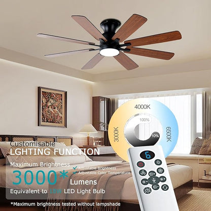 KNUN 52 Inch Ceiling Fan with Light, Low Profile Ceiling Fan with Remote and APP Control, 8 Blades, Noiseless, DC Motor, Flush Mount Ceiling Fans for Bedroom Living Room, Indoor/Outdoor Brown